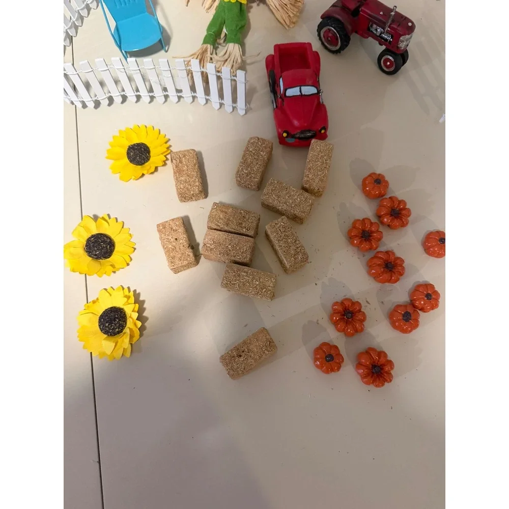 Miniature Fall Harvest Village Set Picket Fence Tractor Scarecrow Hay Bales